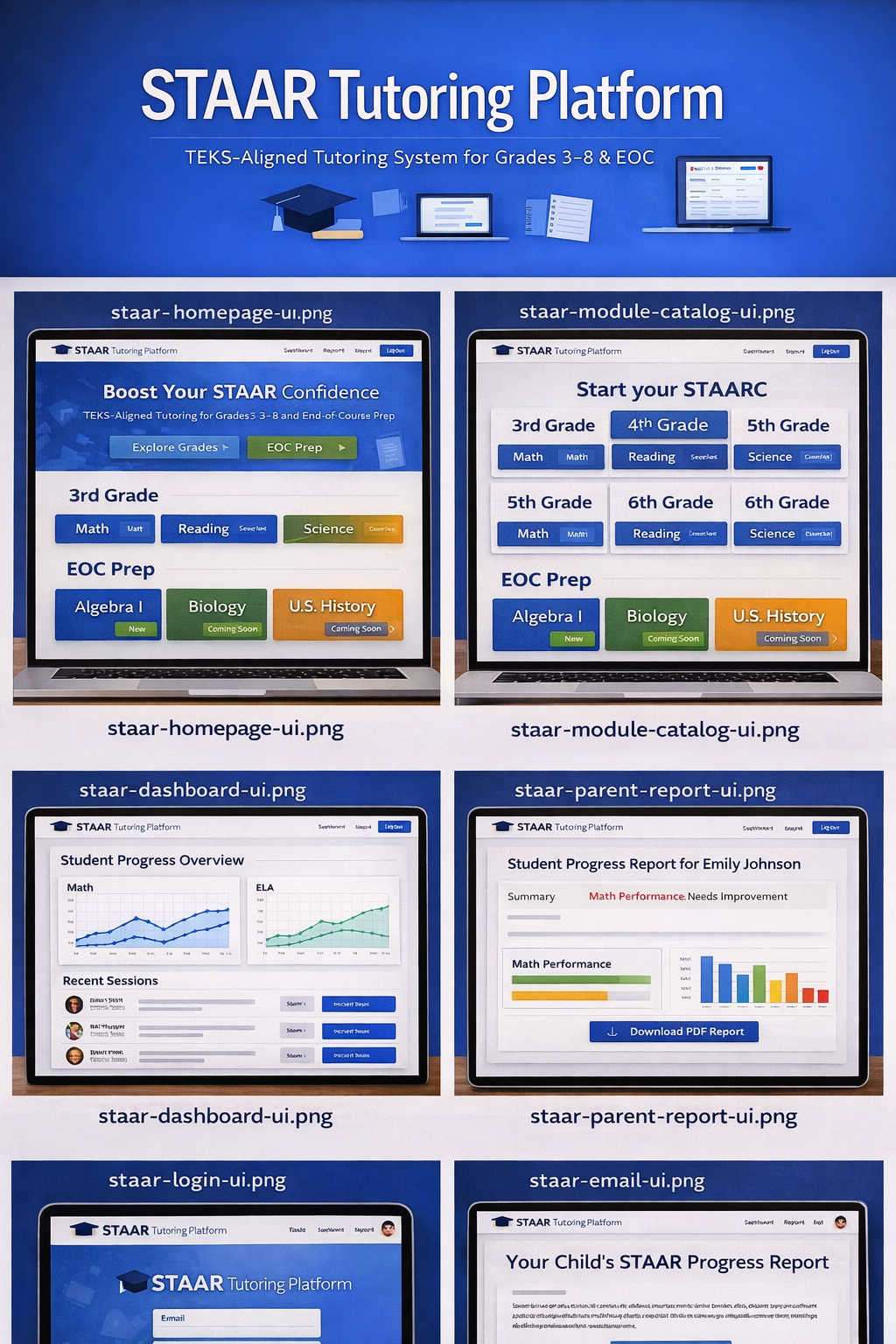STAAR and TEKS tutoring platform UI preview — online grades 3–8 and EOC modules by Lifetime Tutors