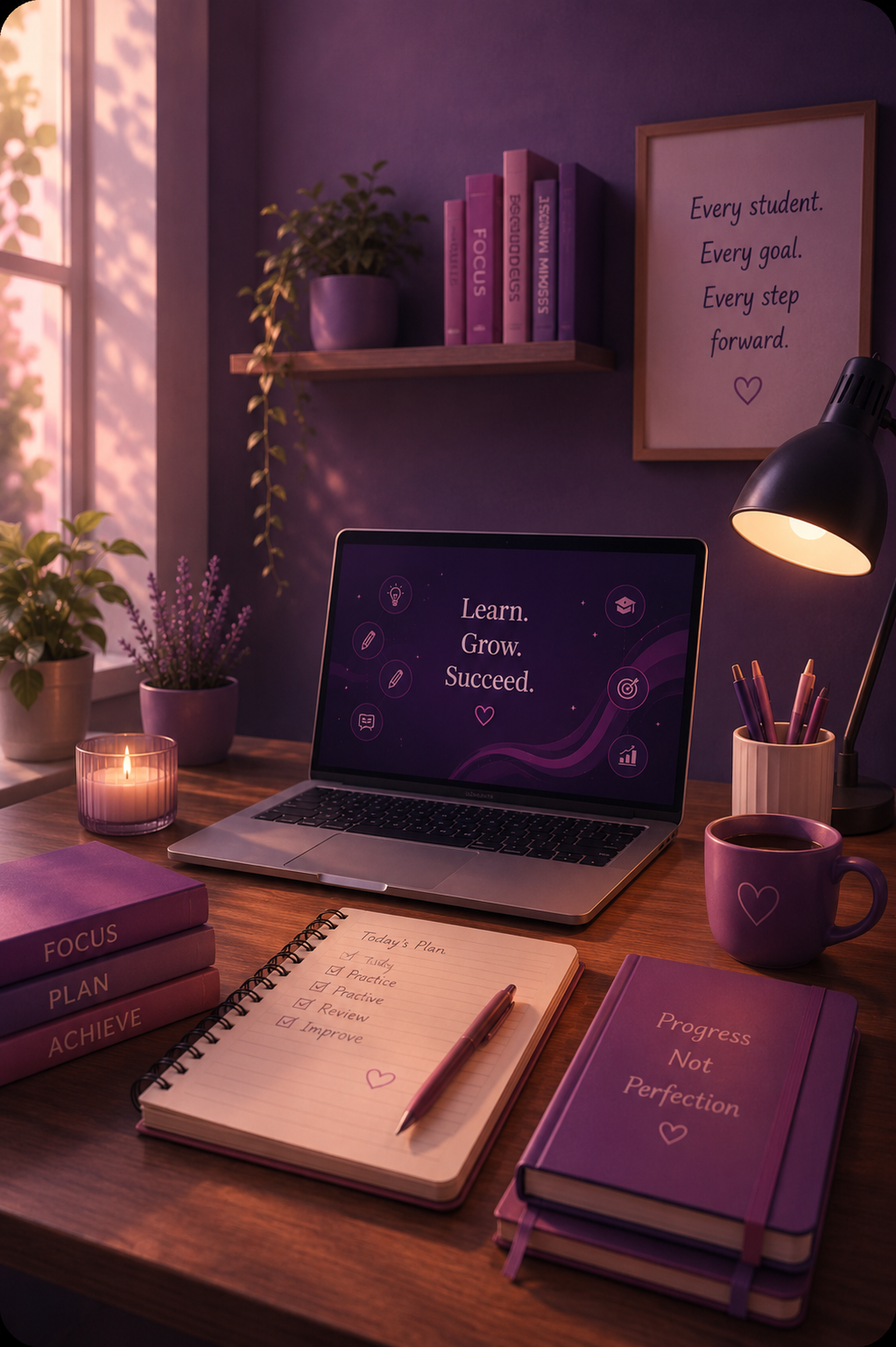 Illustrated evening study desk: hands at a laptop and notebook, warm lamp light, growth motif—Lifetime Tutors brand colors