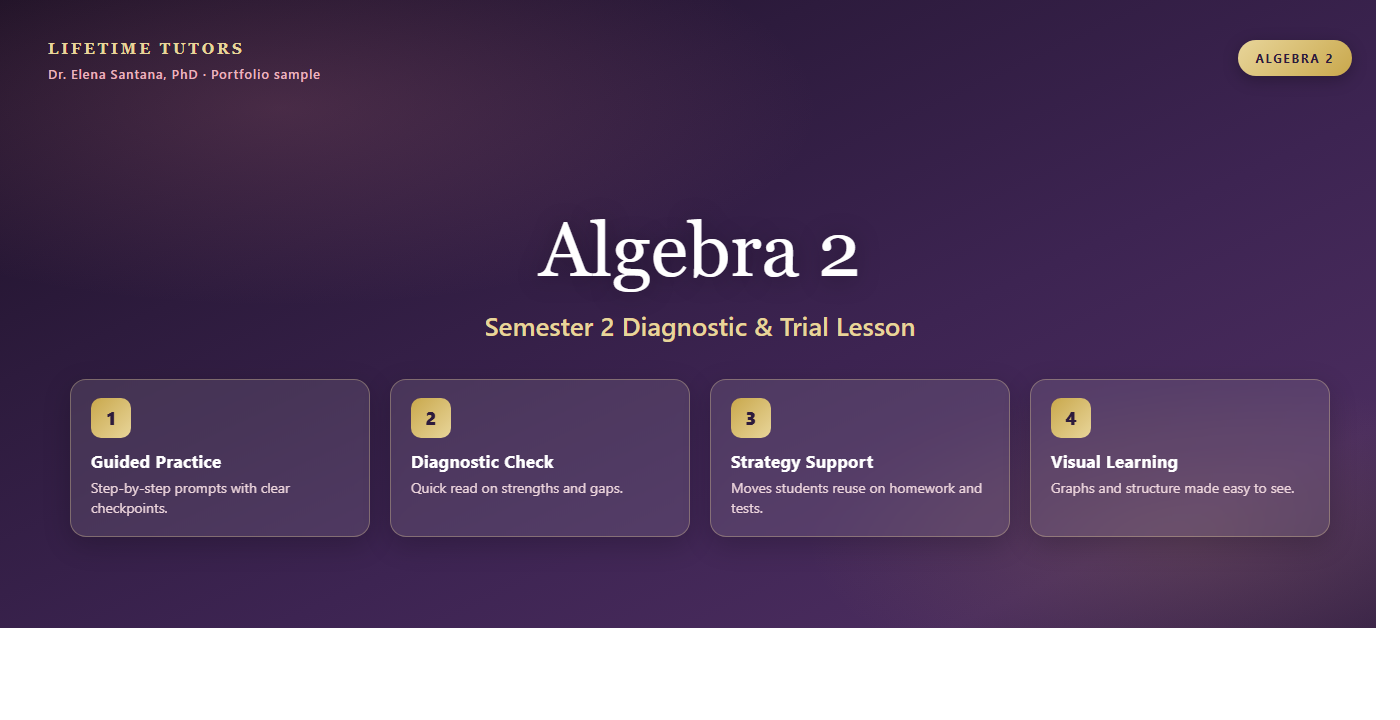 Algebra 2 Semester 2 trial lesson preview: Lifetime Tutors branding, diagnostic and trial lesson, guided practice, and strategy support.